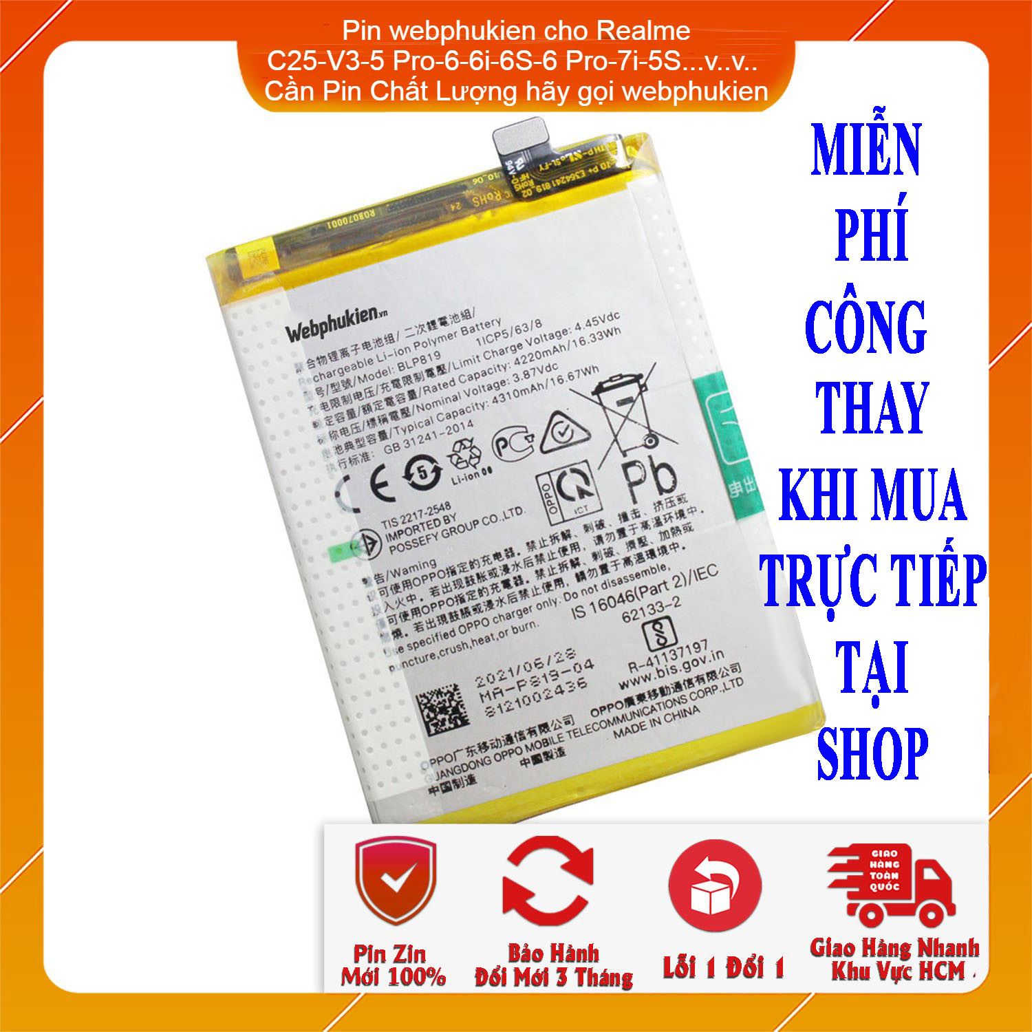 Pin Zin hiệu Webphukien dành cho điện thoại Realme 5 Pro,Realme 6,Realme 6i,Realme 6S,Realme 6 Pro,Realme 7i,Realme 5S,Realme 5i,Realme C25,Realme V3