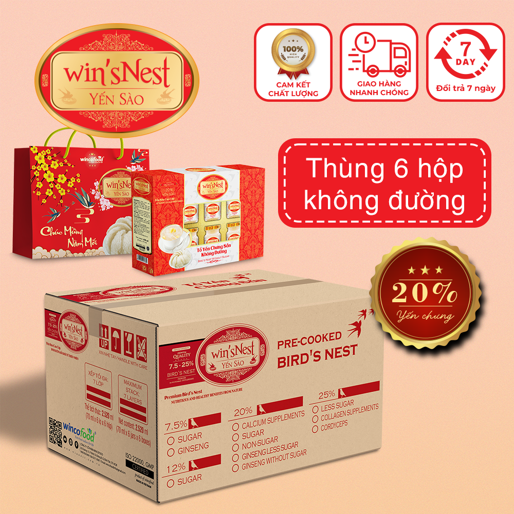 Thùng 6 hộp Yến Sào cao cấp win'snest Tổ Yến Chưng Sẵn Không Đường 20% (6 Lọ/Hộp)
