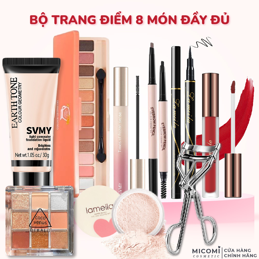 Bộ Trang Điểm Đầy Đủ 8 Món Set Trang Điểm Makeup Từ A-Z Đi Tiệc Đi Chơi Đi Làm MICOMI Cosmetics Kem Nền, Phấn Phủ, Phấn Mắt, Mascara, Chì Kẻ Mày, Kẻ Mắt, Son Môi