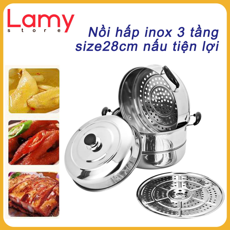 Nồi Hấp Inox Đa Năng 3 TẦNG 28CM Dùng Cho Cả Bếp Từ Và Bếp Ga Thiết Kế Hiện Đại Tiện Dụng