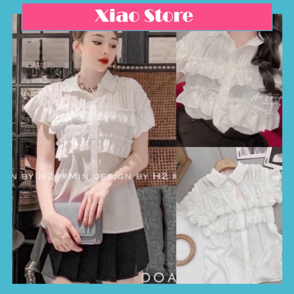 Áo sơmi trắng nhún bèo tầng ngắn tay đính ngọc xinh xẻo xa hoa A116 Xiao shop sang chảnh. trendy hot girl xiao shop