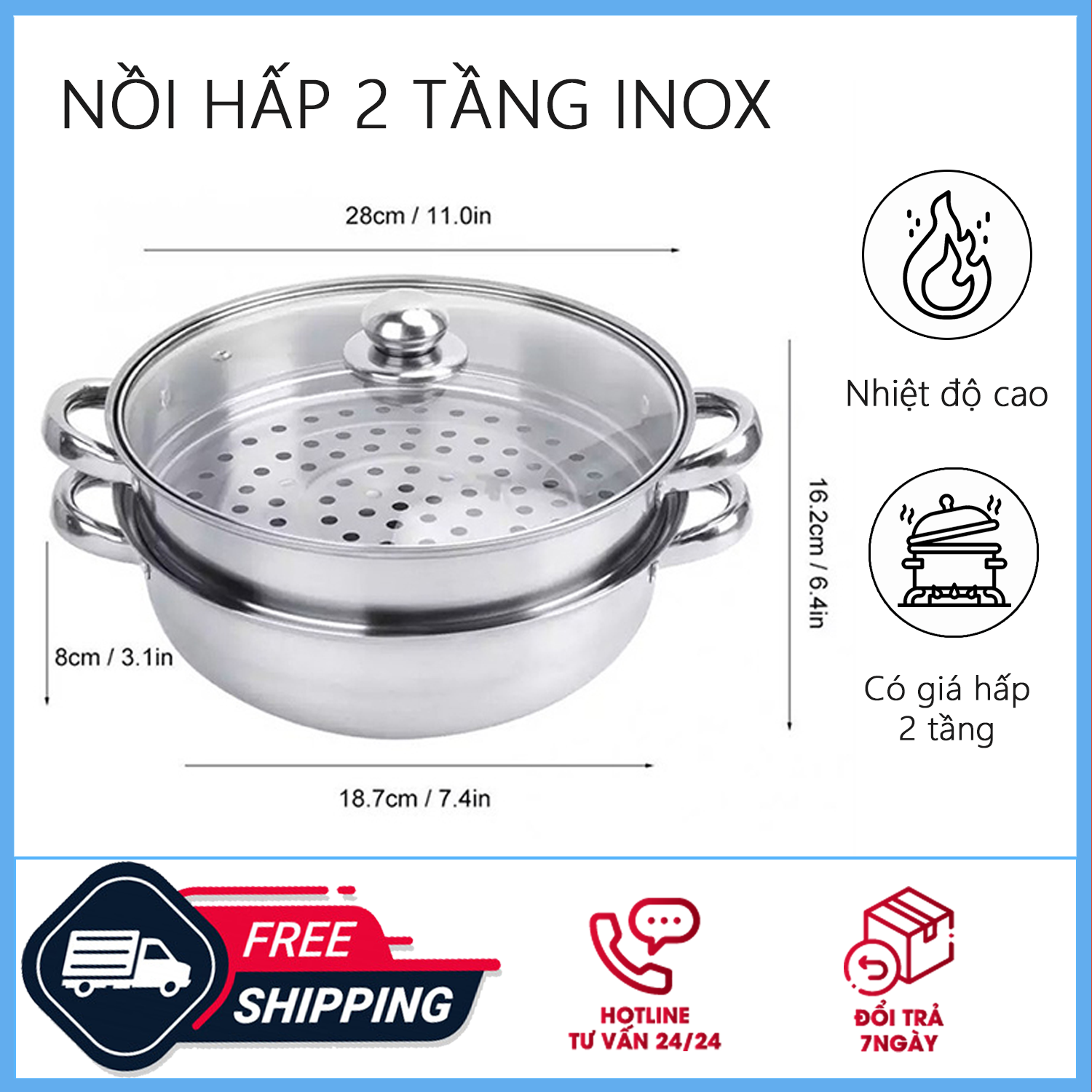 Nồi hấp cách thủy đa năng 2 tầng inox - Nồi hấp cách thủy 28cm có nắp Kính - Nồi lẩu kiêm nồi hấp 2 tầng inox - Nồi luộc hấp thức ăn đa năng 2 tầng - Nồi hấp cách thủy đa năng/Nồi lẩu kiêm nồi hấp 2 tầng inox - Nồi hấp 2 tầng 28cm