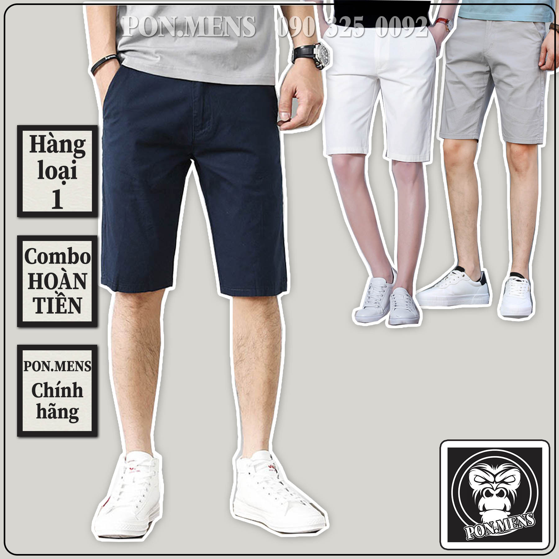 Quần đùi short nam kaki màu đen ghi trắng hàng VNXK 01 Pon.mens