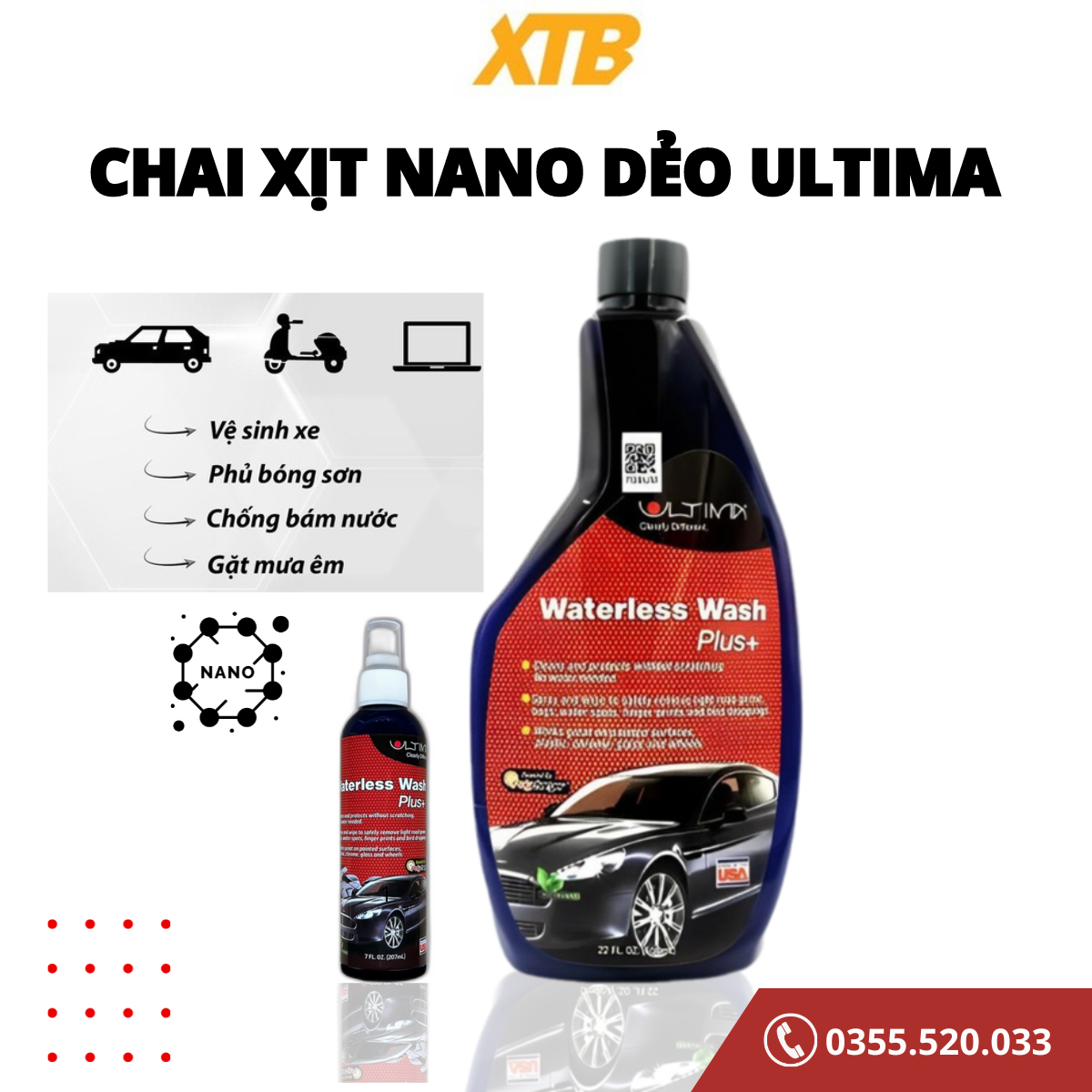 Chai xịt vệ sinh kính xe ô tô Ultima công nghệ nano dẻo, chống bám nước, phủ bóng cho xe dung tích 650ml