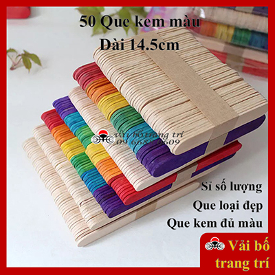 Que kem màu, que kem gỗ màu, 50 que kem gỗ làm mô hình, handmade, khuấy cafe, que đè lưỡi