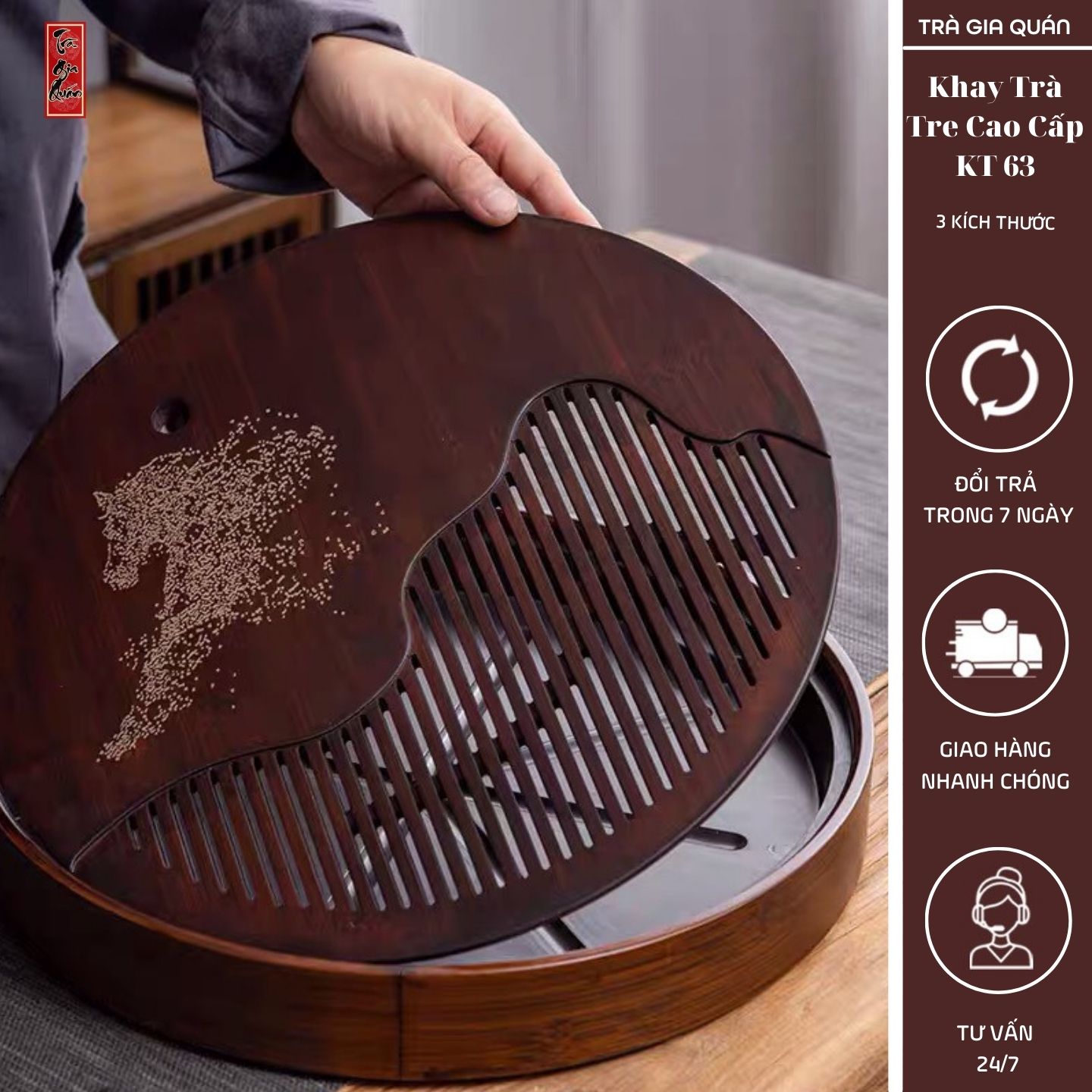 Khay trà tre cao cấp hình tròn 3 kích thước kt 63