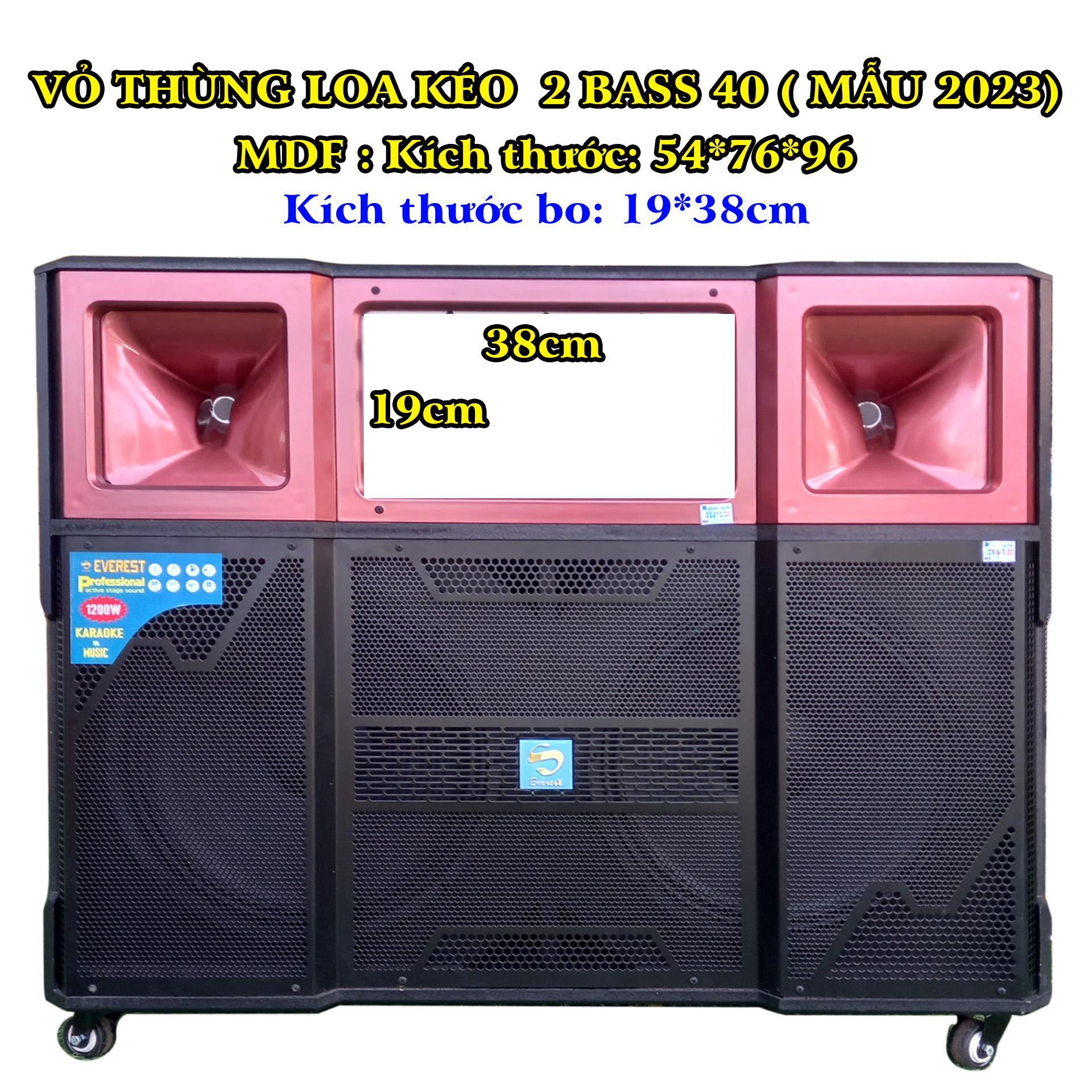 Vỏ thùng loa kéo 4 tấc đôi MDF bo 19x38 đầy đủ phụ kiện