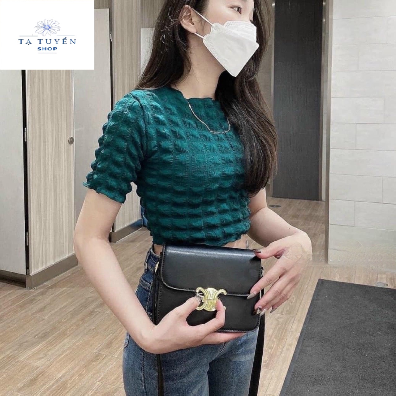 Áo croptop xốp cổ tròn ôm dáng tay ngắn