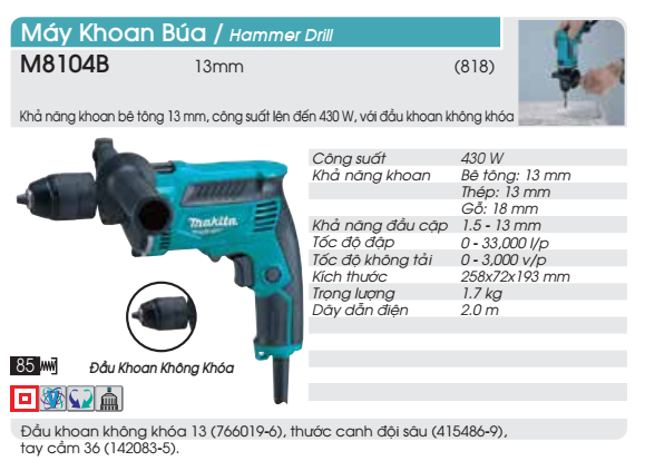 Máy khoan búa Makita M8104B là dòng máy khoan búa khoan tốc độ cao đa năng chuyên dụng cho công việc khoan bê tôngkhoan sắtkhoan gỗ và bắt vít