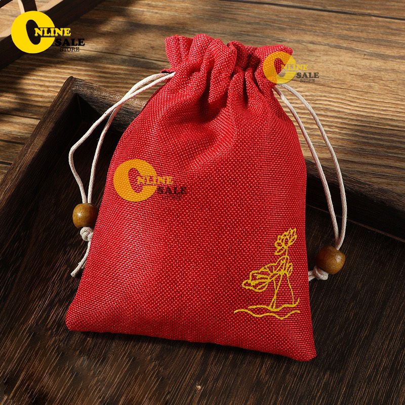 Túi vải thô đỏ in hình Hoa Sen vàng kích thước 8x10cm- Đựng vòng tay, trang sức và các vật phẩm phong thủy- Túi đỏ may mắn