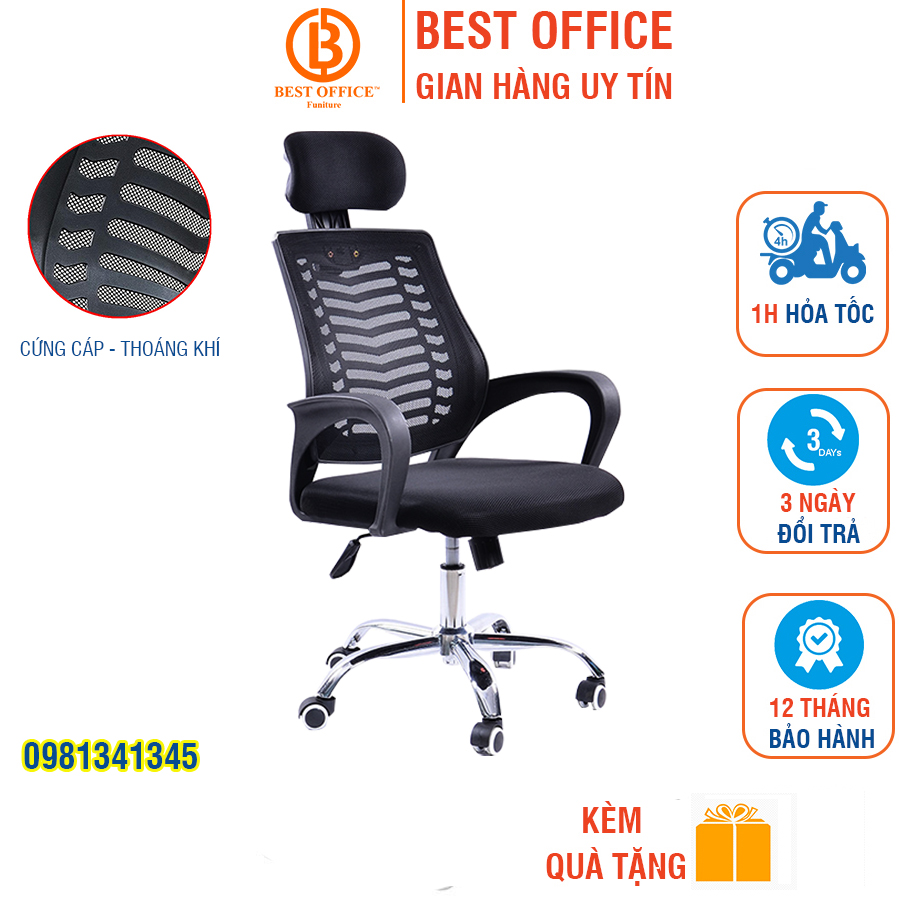 Ghế xoay văn phòng tựa đầu BOX410, lưng lưới thoáng mát - Ghế làm việc đa tiện ích