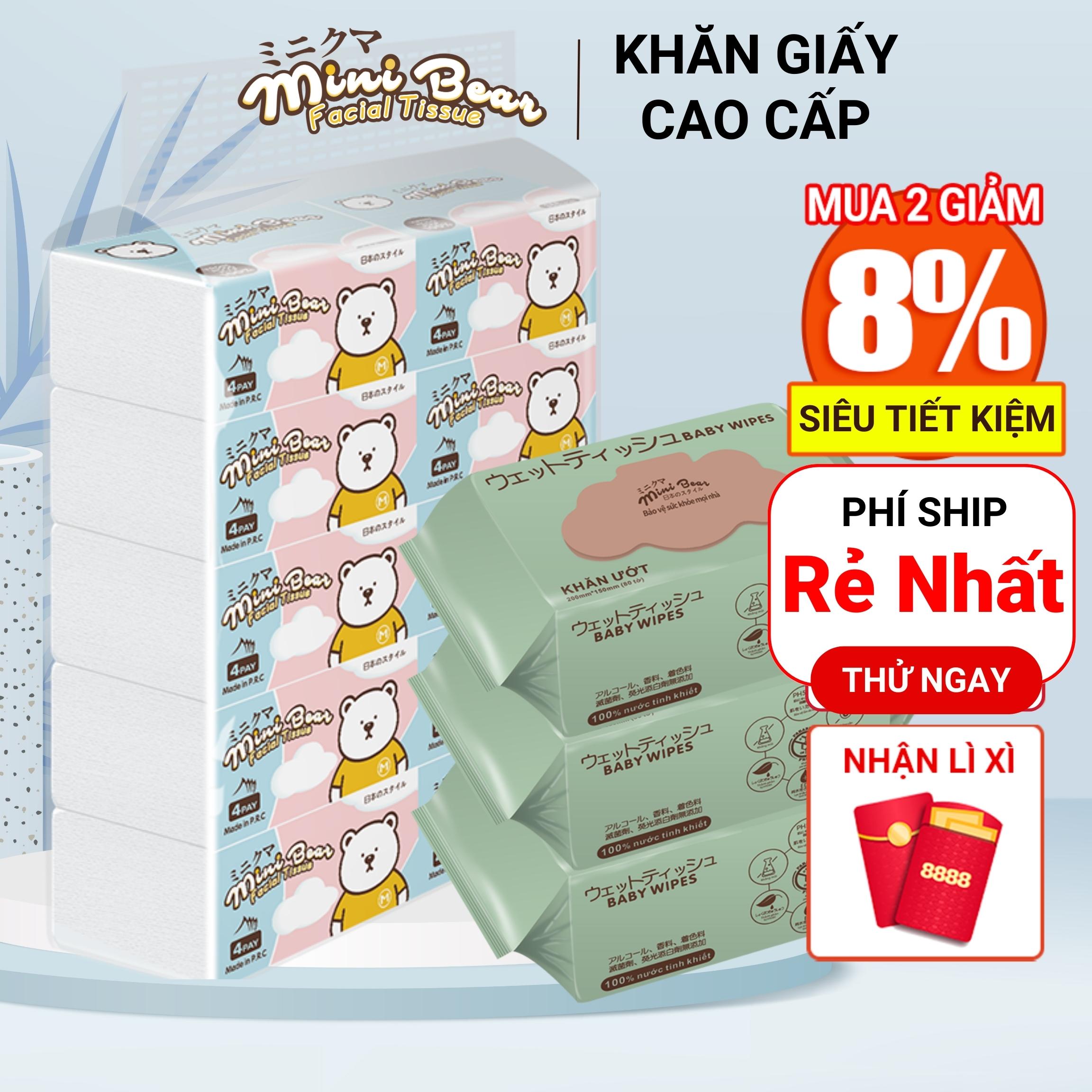 [GIẢM ĐẾN 20% XU] Combo Khăn giấy ướt + Khăn giấy khô không mùi  MiniBear 1 gói 80 tờ là sản phẩm chuyên dụng dành cho mẹ và bé dùng lau tay lau miệng, vệ sinh