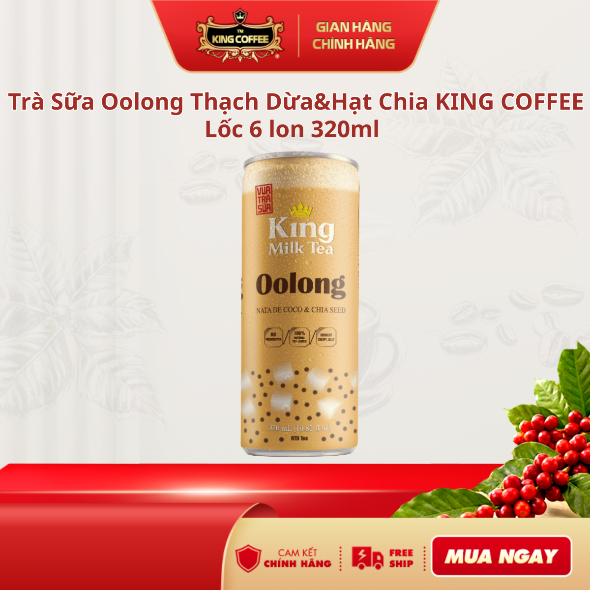 Lốc 6 lon Trà sữa Oolong thạch dừa và hạt chia King Coffee -320ml/lon
