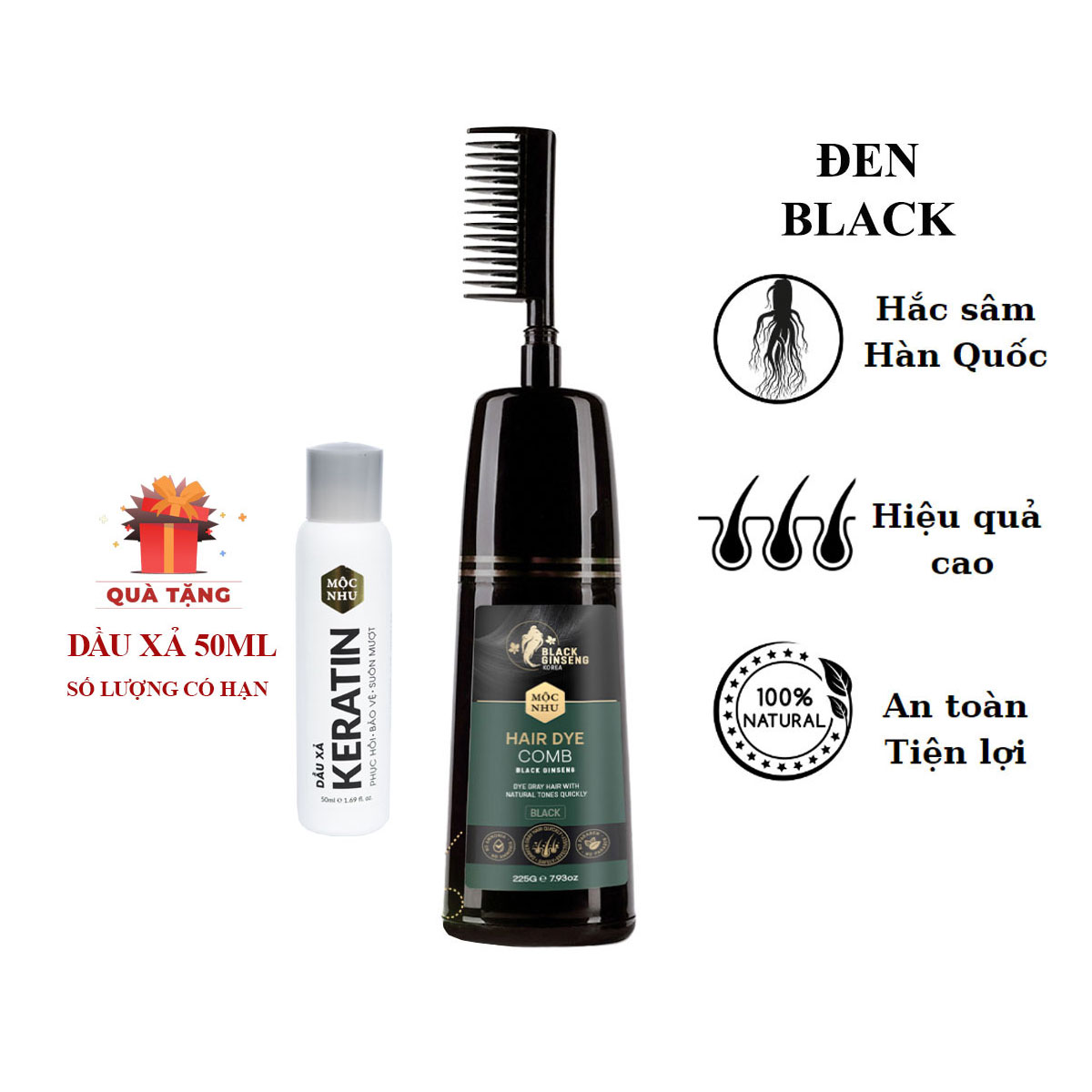 Dầu gội Hắc Sâm ĐEN - NÂU ĐEN Mộc Nhu giúp phủ đen mái tóc bạc tặng chai dầu xả 50ml