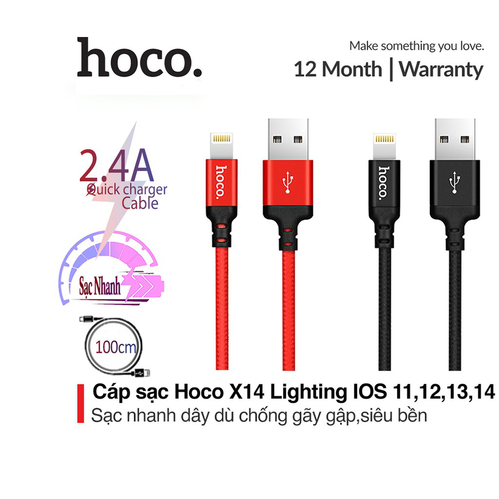Cáp sạc nhanh siêu bền hoco x14 3a lightning cho iphone ipad dây dù dài 1m 2m chống đứt gãy - chính hãng