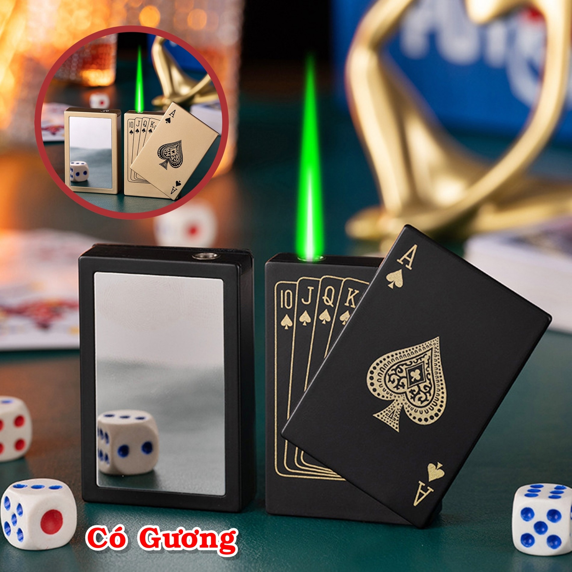 Bật lửa khè hình lá bài tia xanh - có gương soi -