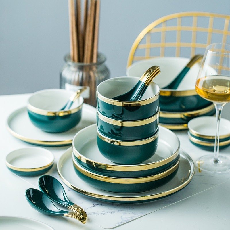 Bộ bát đĩa (TẶNG ĐŨA ĂN CAO CẤP) vân đá XANH VIỀN VÀNG cao cấp sang trọng, thíc hợp nhà hàng, khách sạn, phục vụ bữa ăn gia đình.