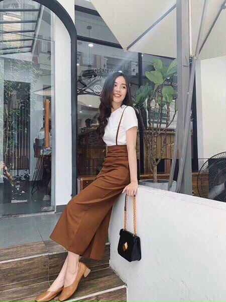 Set yếm quần culottes ống rộng sành điệu phối áo thun basic tay ngắn, kèm ảnh thật