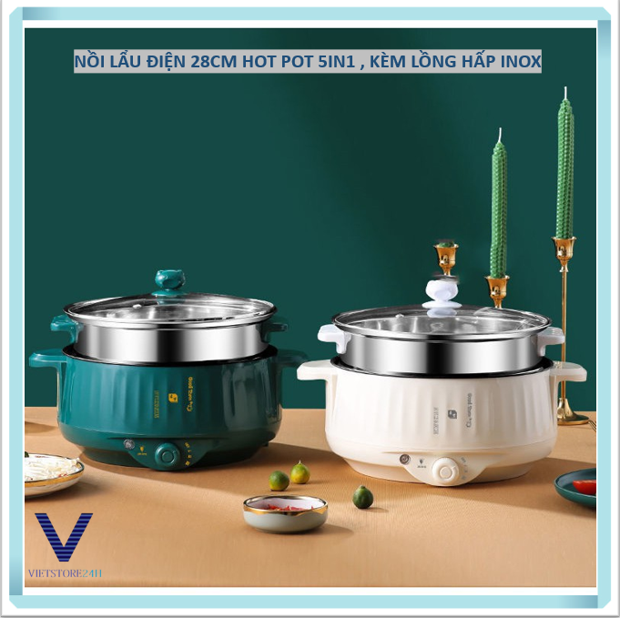 Nồi Lẩu Điện 28cm Hot Pot 5in1 , Kèm Lồng Hấp Inox