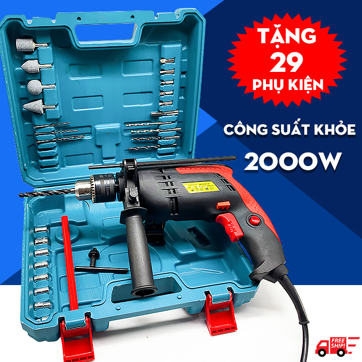 Bộ Khoan Điện Công Suất Khủng 2000W - Tặng 29 Phụ Kiện Tiện Dụng ( Khoan, Bắt Vít, Siết Ốc Bulong , Mài ) - Đầu Kẹp 13 ly - Máy Khoan Cầm Tay