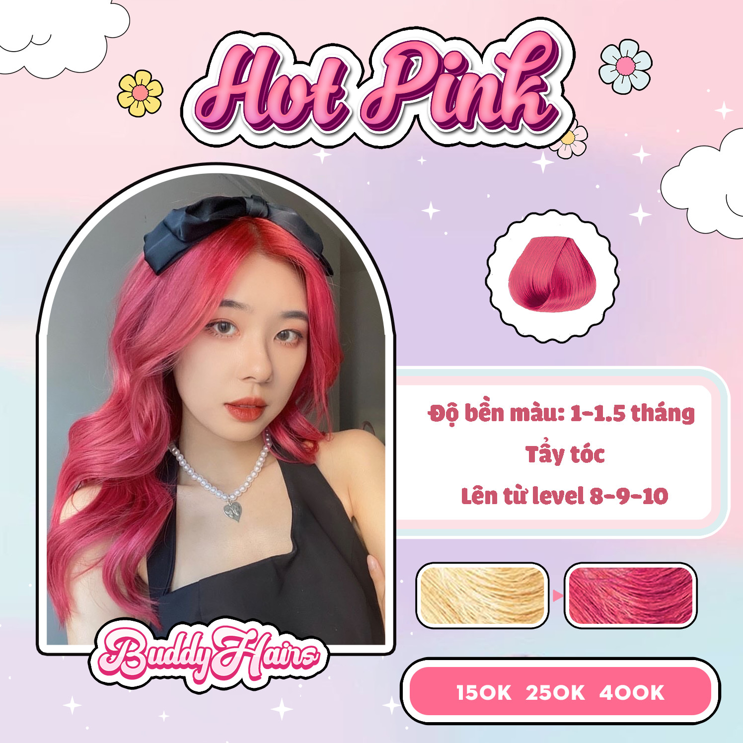 Thuốc nhuộm tóc Hot pink / Hồng sáng Buddyhairs TẶNG KÈM trợ nhuộm , găng tay , mũ trùm đầu , 1 tẩy bé 50K