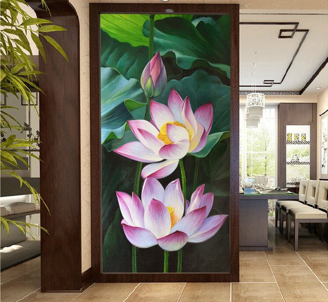 Tranh dán tường khổ dọc VTC Hoa sen UD0388 Kim sa