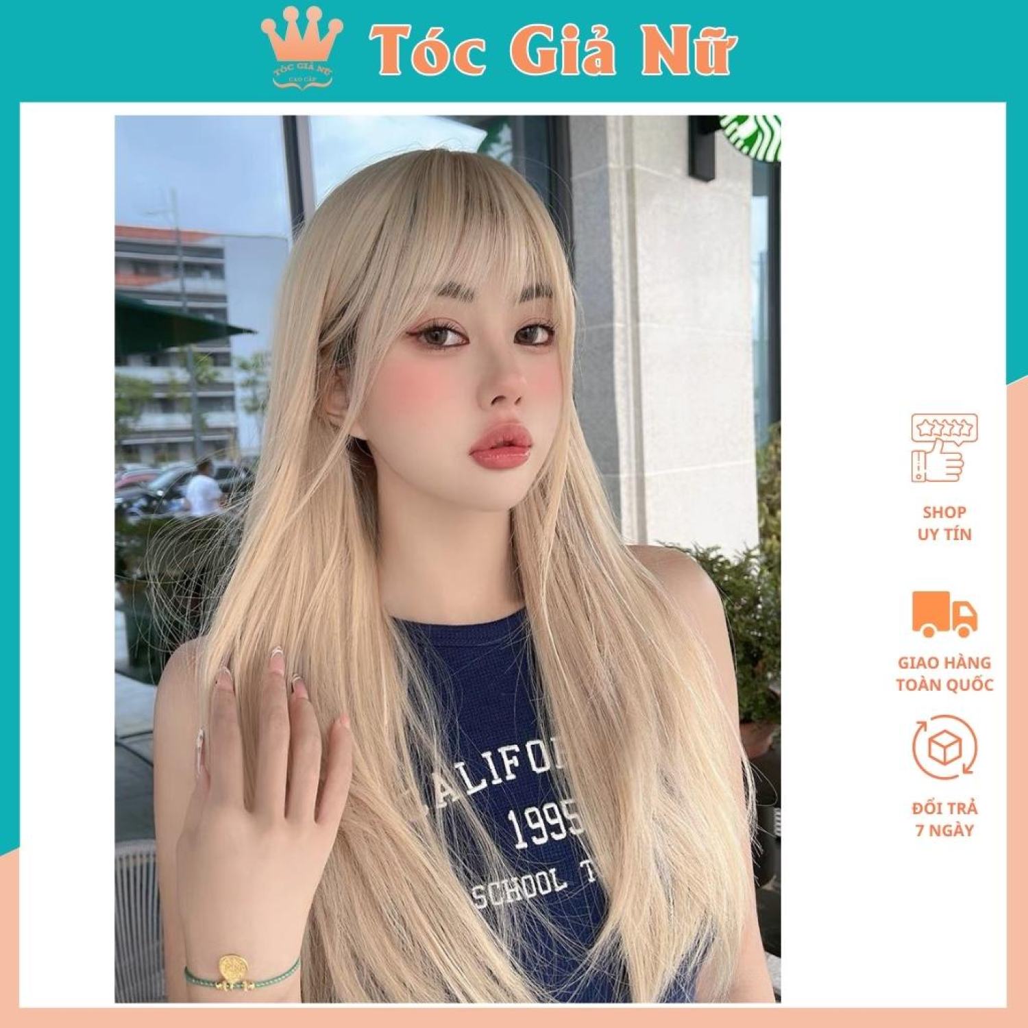 Tóc giả nữ nguyên đầu thẳng vàng tây line trắng