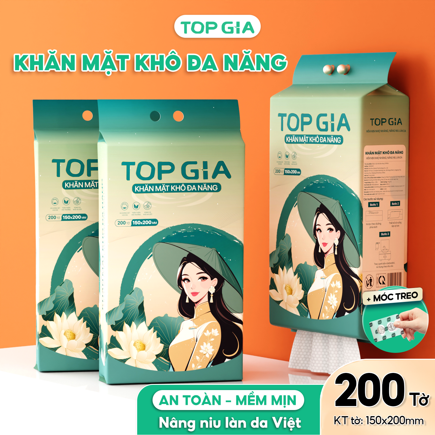   MỚI  Khăn mặt khô đa năng TopGia Sắc Việt 200 tờ rút đa năng mềm mịn thấm hút an toàn cho da 