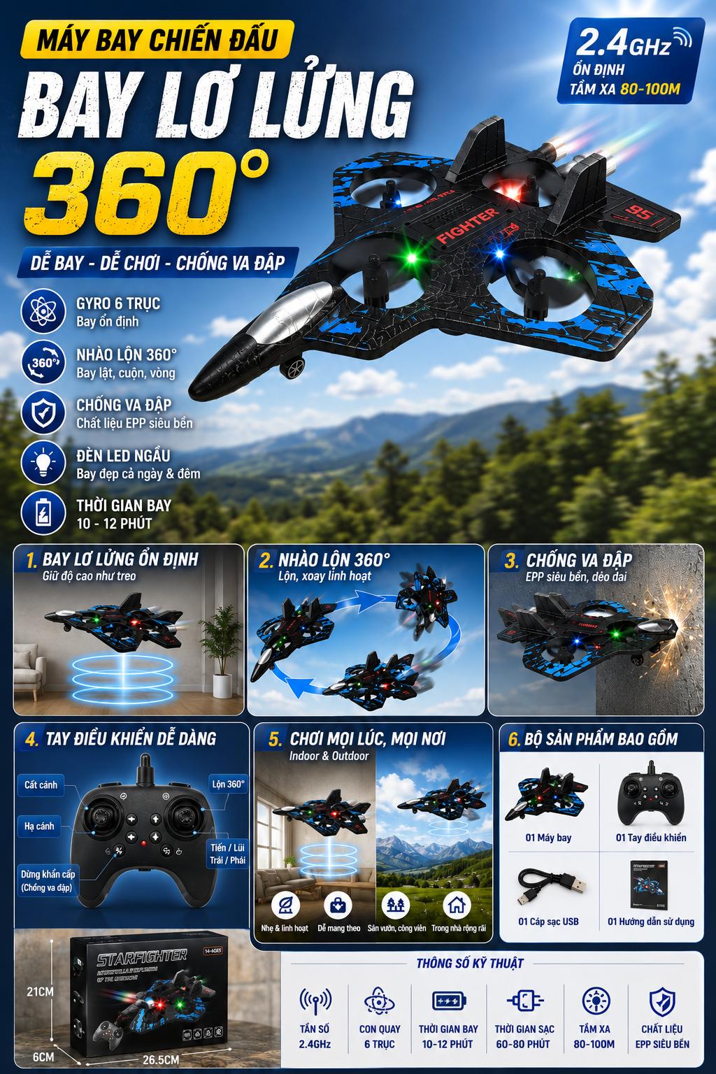 Máy Bay Đồ Chơi Điều Khiển Từ Xa Bay Lơ Lửng 360 Độ | Drone Mini 2.4GHz Đèn LED Chống Va Đập