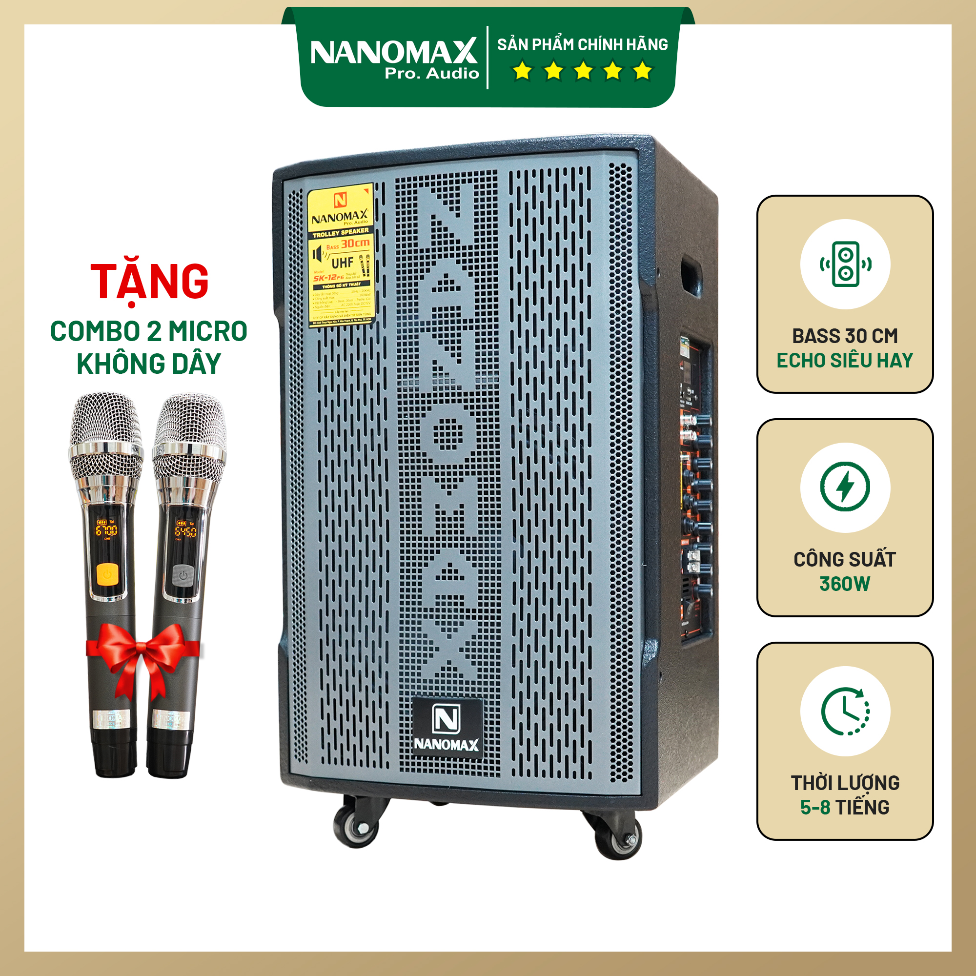 Loa kéo nanomax sk-12f6 2022 bass 3 tấc 30cm 360w karaoke bluetooth tặng 2 mic không dây âm thanh siêu đỉnh