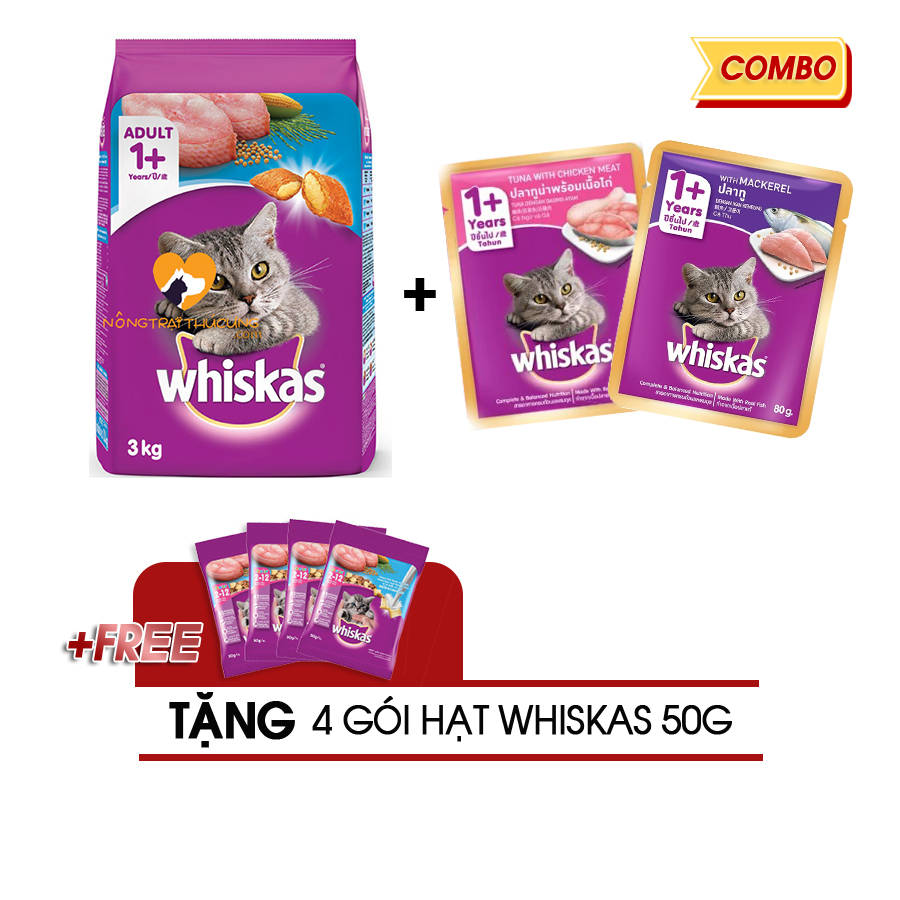 Combo hạt whiskas 3kg vị cá biển + 2 gói pate whiskas 80g -