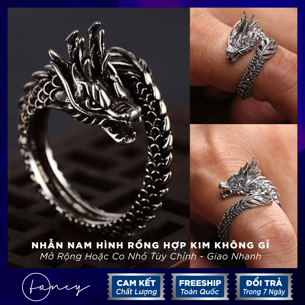 Nhẫn Nam Đẹp Đầu Rồng, Nhẫn Nam Rô̂̀ng, Nhẫn Nam Hình Rồng Hợp Kim Không Gỉ | Fancy