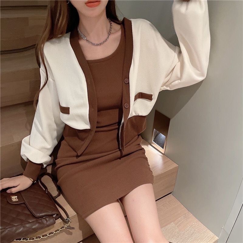 Set 2 món đầm ba lỗ + áo khoác phối màu
