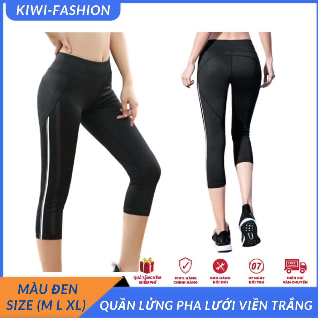 Quần lửng pha lưới viền trắng tập gym yoga màu đen dễ phối đồ thể thao-CR017