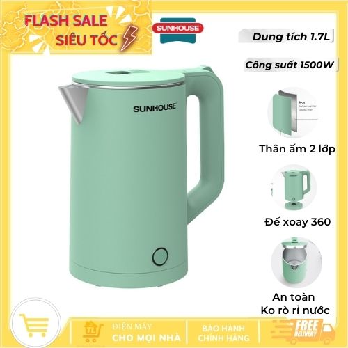 Ấm đun siêu tốc inox 2 lớp sunhouse shd1350 - hàng chính hãng