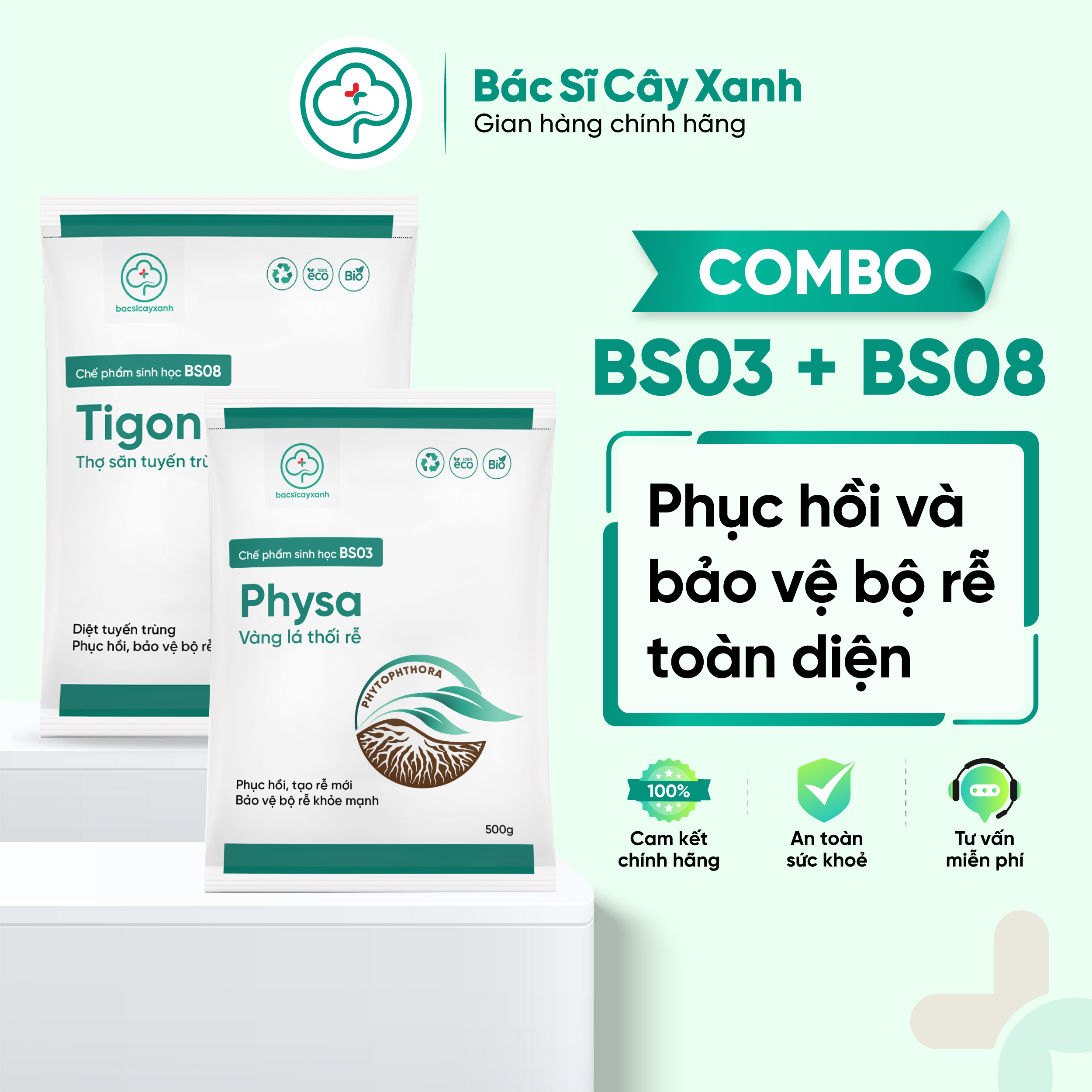 Combo phục hồi và bảo vệ bộ rễ toàn diện, xử lý vàng lá, kích rễ, tái tạo rễ mới BS03 Physa + BS08 Tigon NSX Bacsicayxanh
