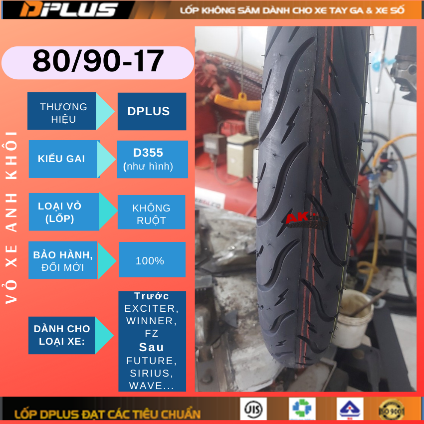 Lốp(vỏ) DPLUS 80/90-17 KHÔNG SĂM(RUỘT) Dành cho Sau FutureNeo, Wave RS, Sirius HÀNG CHÍNH HÃNG