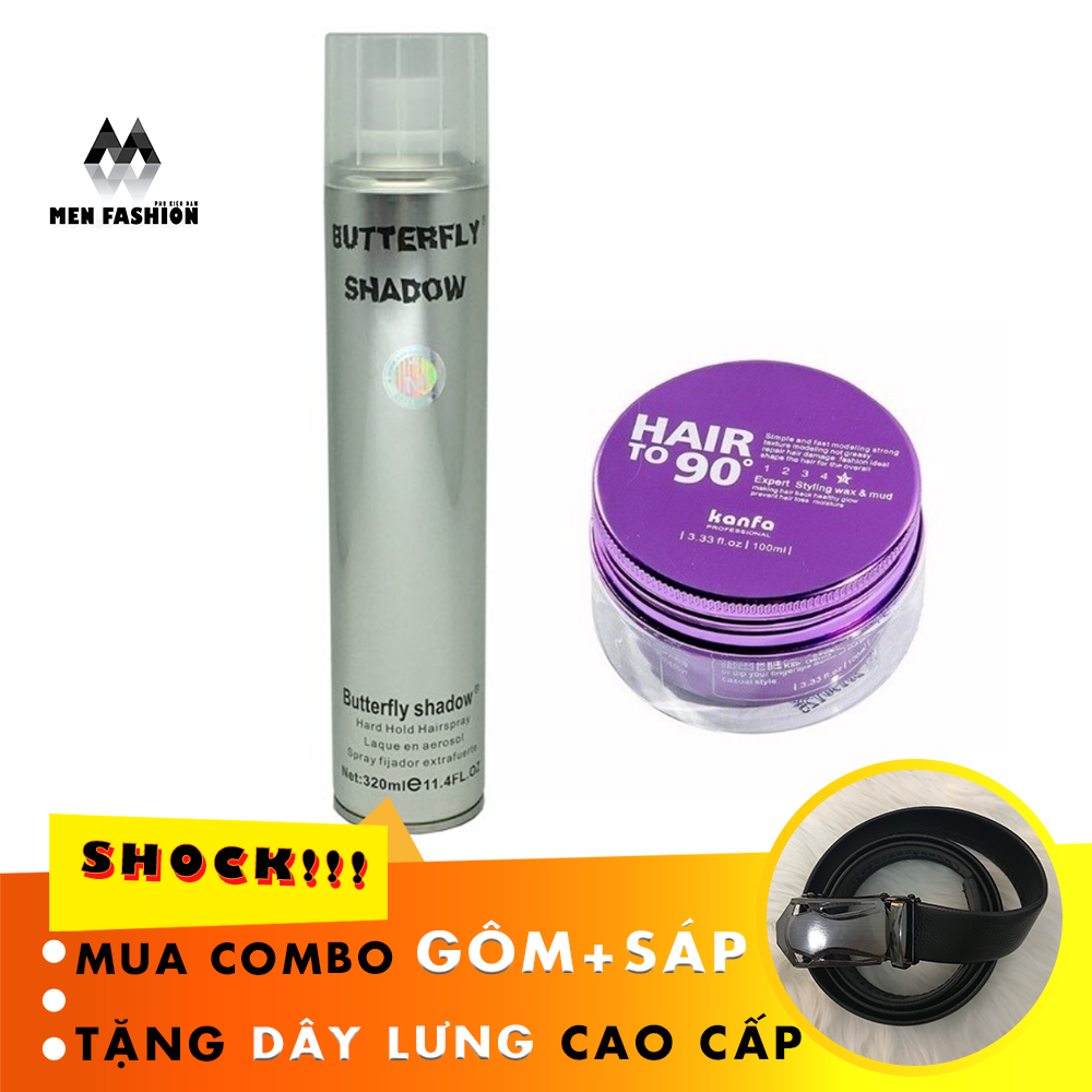 Combo gôm + sáp hair to 90, tặng dây lưng cao cấp, keo xịt tóc butterly shadow- keo vuốt tóc - gôm xịt tóc - sáp vuốt tóc nam nữ, gôm xịt tóc tạo kiểu chuyên nghiệp cho nam nữ 320ml- tạo cứng, không bóng