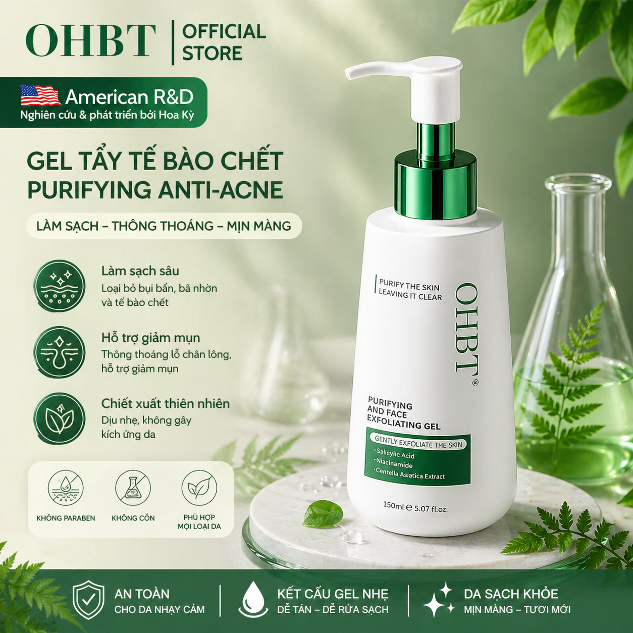 Gel Tẩy Tế Bào Chết Da Mặt OHBT Purifying & Face Exfoliating Gel 250ML
