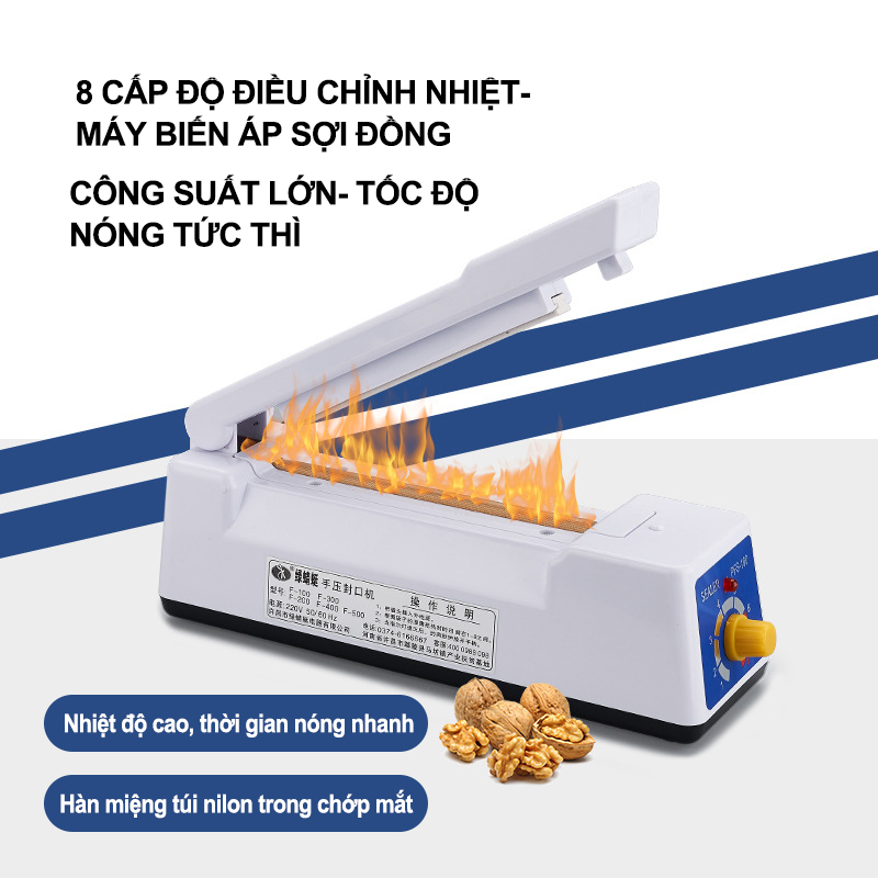 Máy hàn miệng túi ép tay, Máy hàn miệng túi bằng nhiệt, loại dây đồng khổ rộng 2mm-5mm
