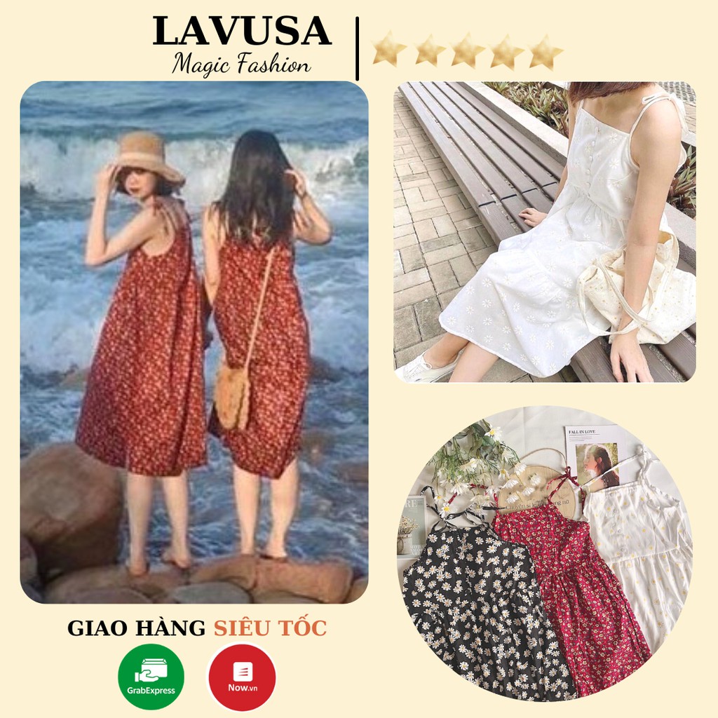 Đầm hoa nhí 2 dây nữ váy dây hoa nhỏ vintage 3 màu lavusa