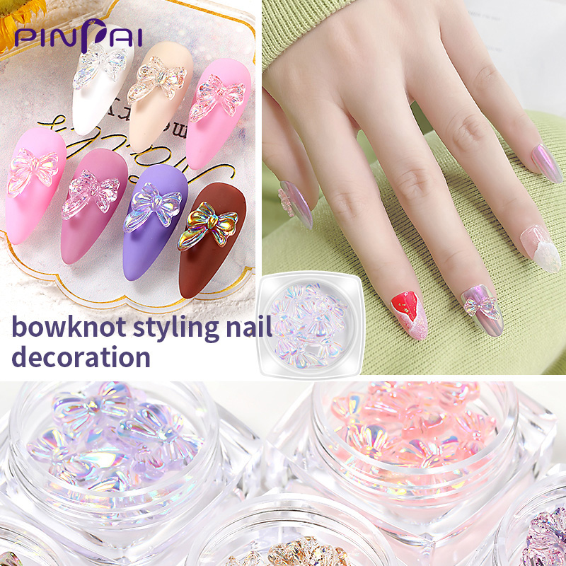 Pinpai 3d nơ móng tay nghệ thuật trang trí phụ kiện ab màu bướm hồng đầu móng tay decal trang trí làm móng phụ kiện dụng cụ
