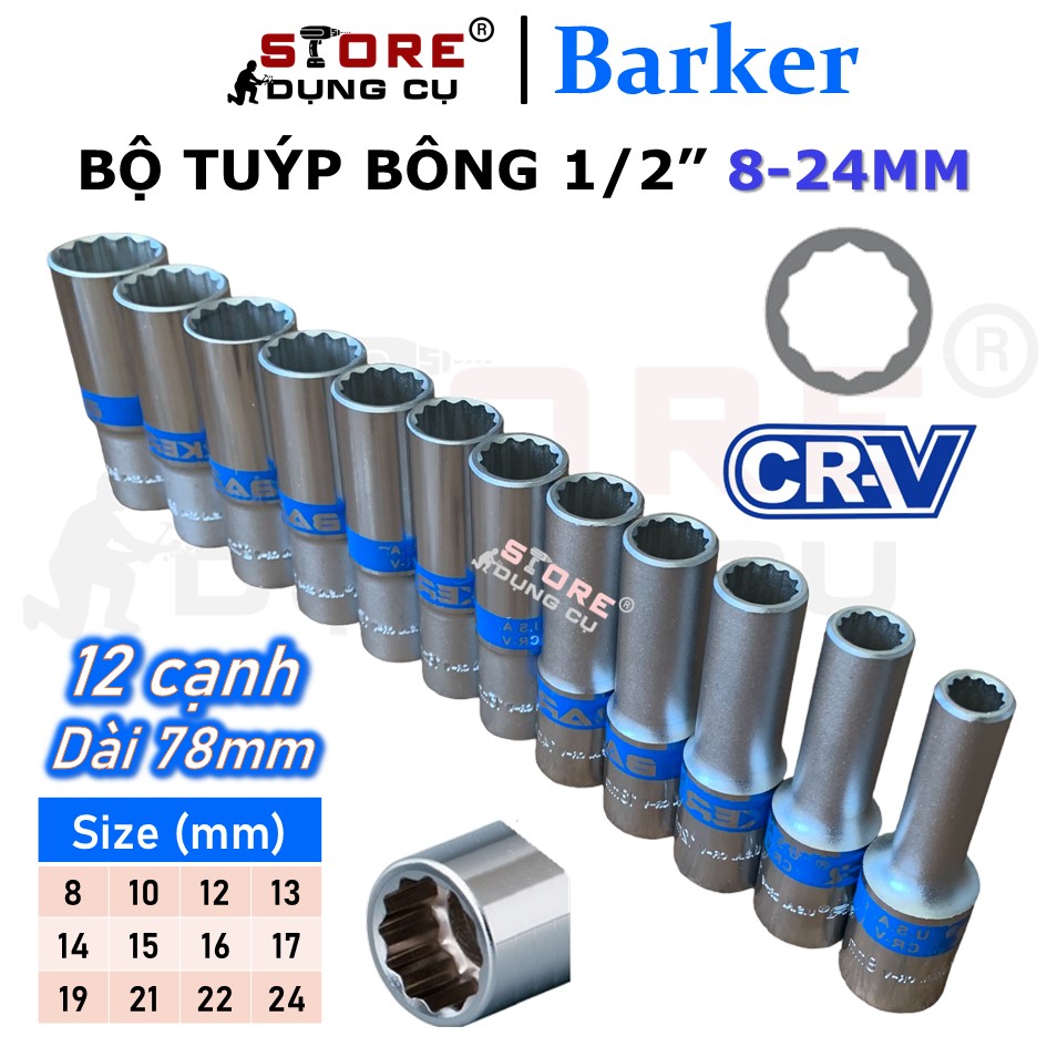 8-24mm Bộ tuýp bông 1 2 dài 78mm cao cấp Barker