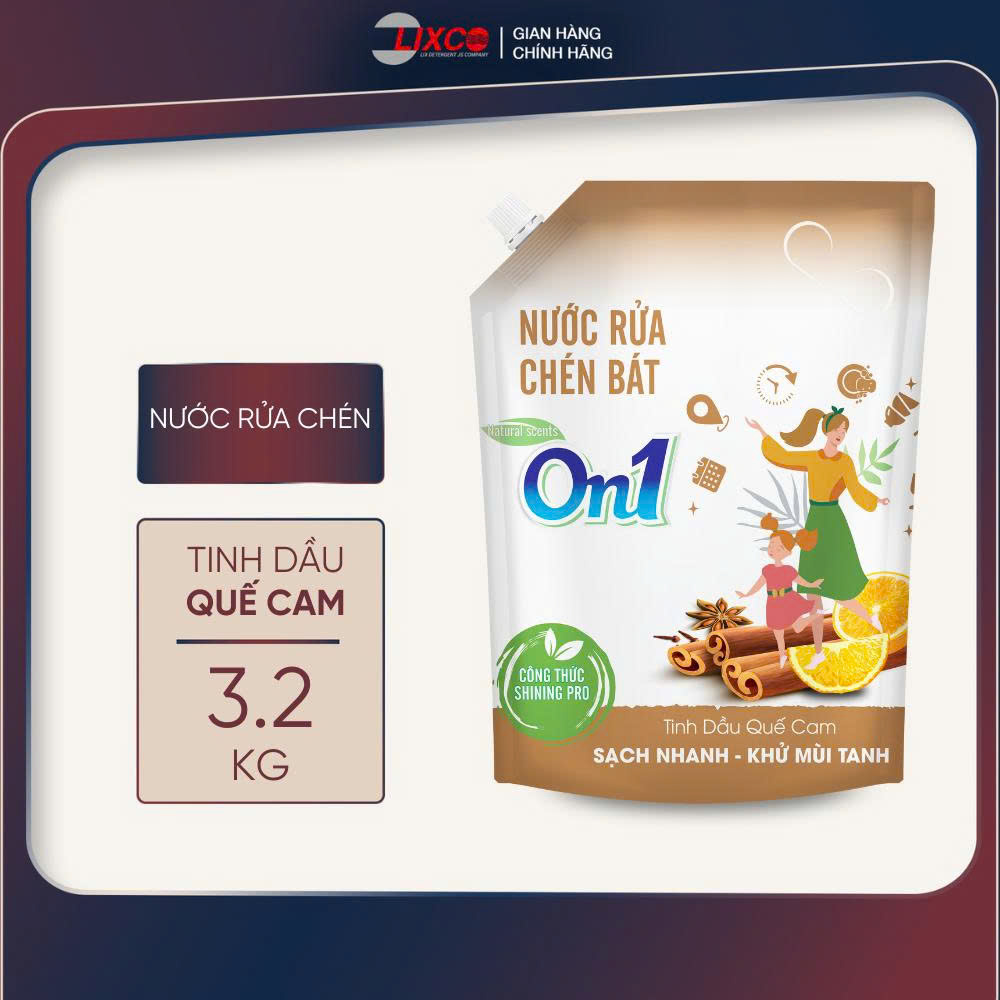 Nước rửa chén bát On1 tinh dầu quế cam siêu sạch bóng vết dầu mỡ, khử mùi tanh túi 3.2Kg  can 3.5kg - Lixco Việt Nam
