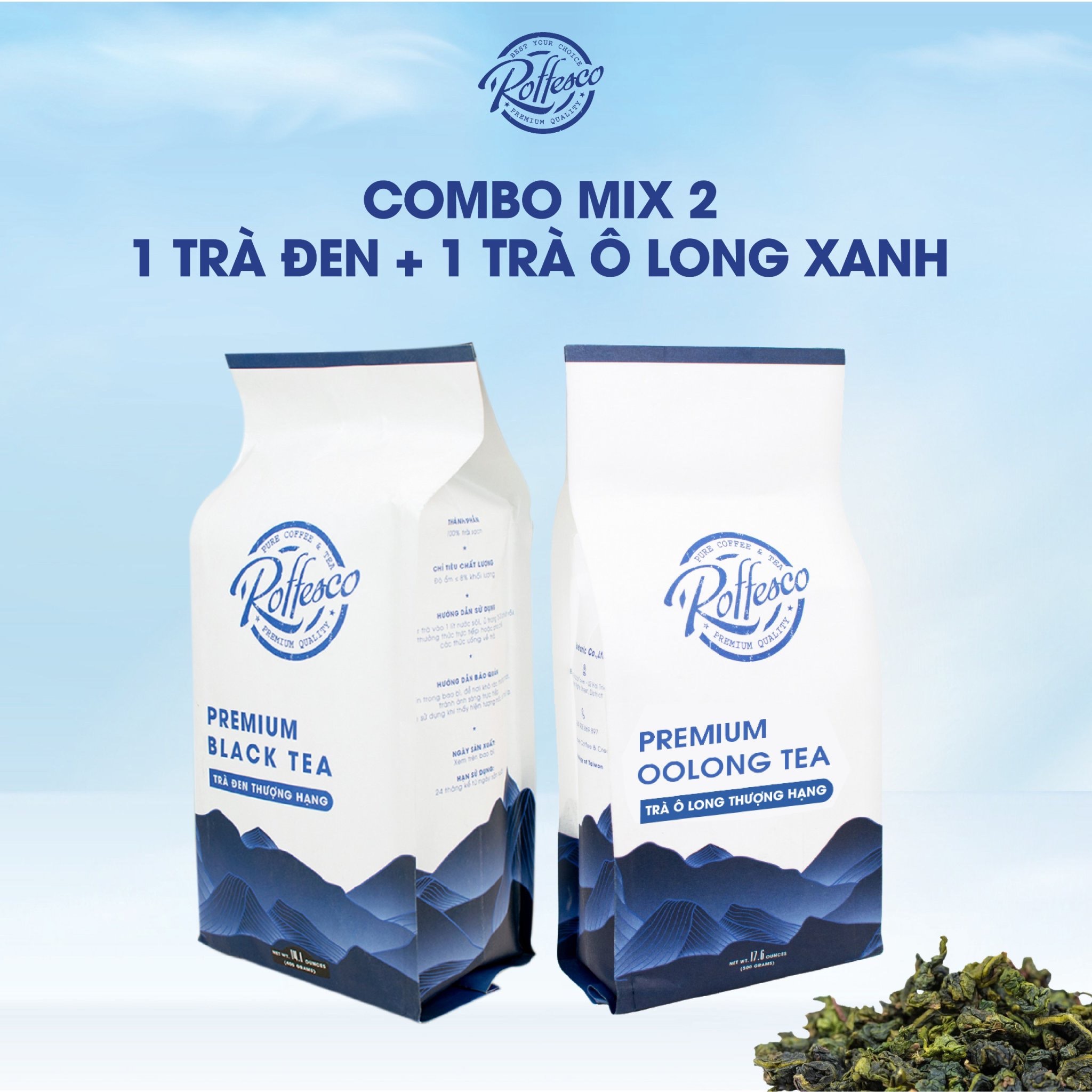 Combo 2 trà ô long và trà đen roffesco premium oolong & black tea thượng hạng túi 400g