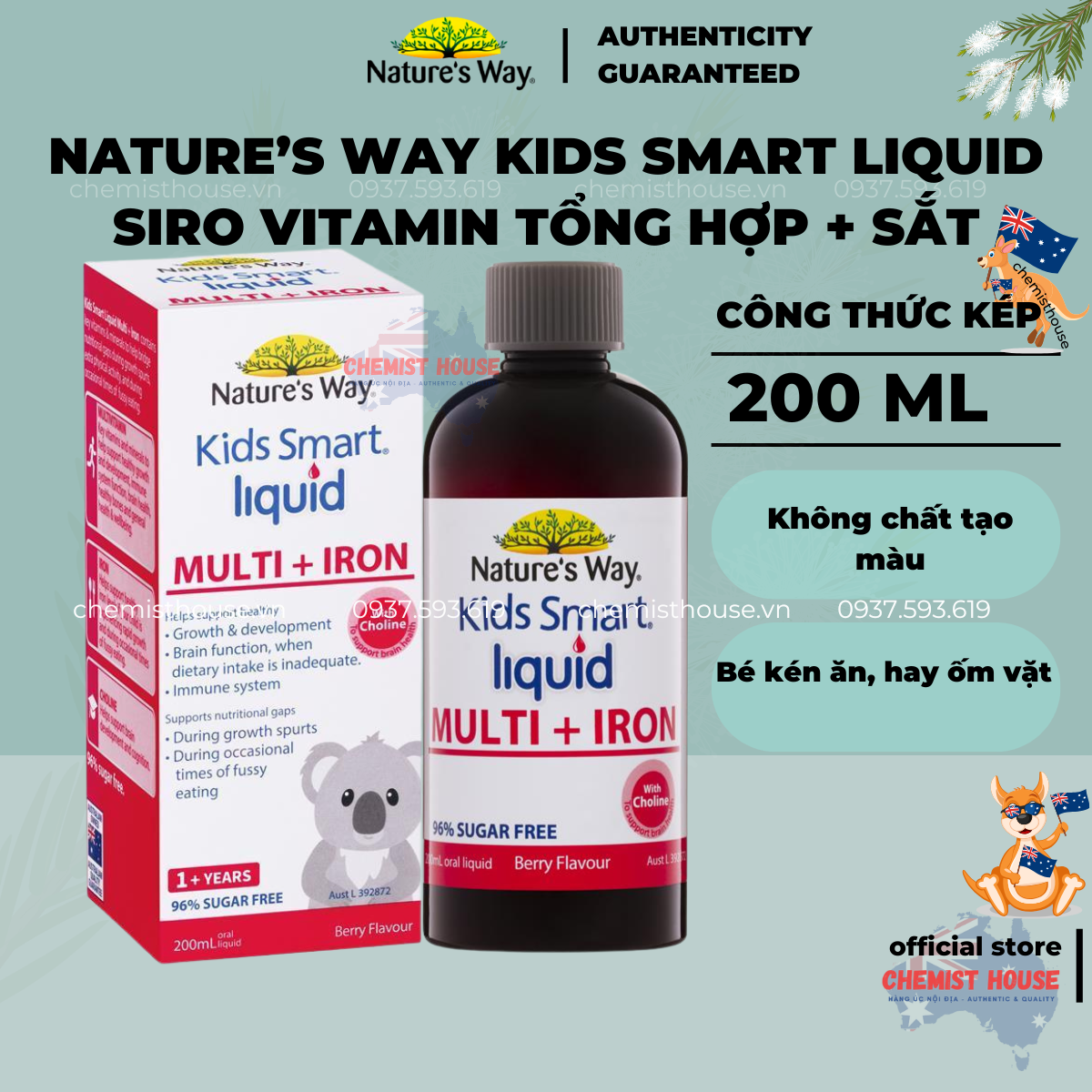 Siro bổ sung vitamin tổng hợp + sắt cho bé nature's way kids smart liquid multi + iron 200ml từ 1 tuổi