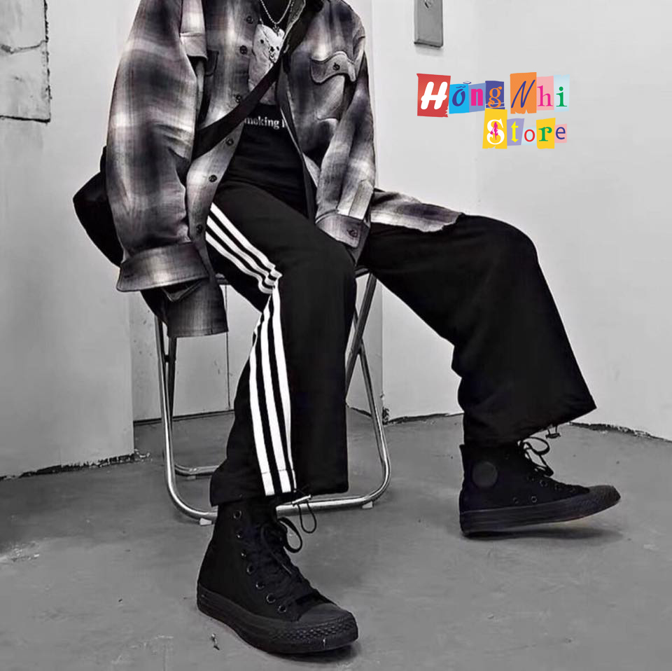 Quần Thun Thể Thao Màu Đen 3 Sọc Trắng Dáng Rộng Line Side Stripe Pants Unisex Oversize Ulzzang - MM