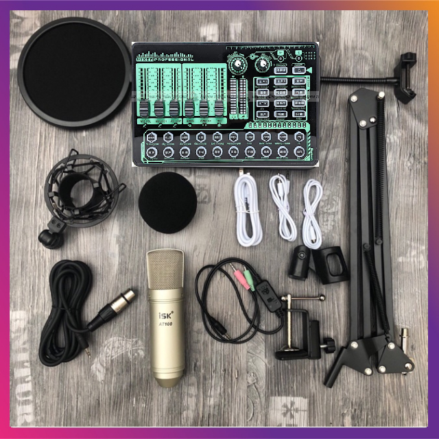 Bộ livestream sound card h9 mic isk AT100 đi kèm chân màng dây livestream MA2- bộ mic thu âm và karaoke