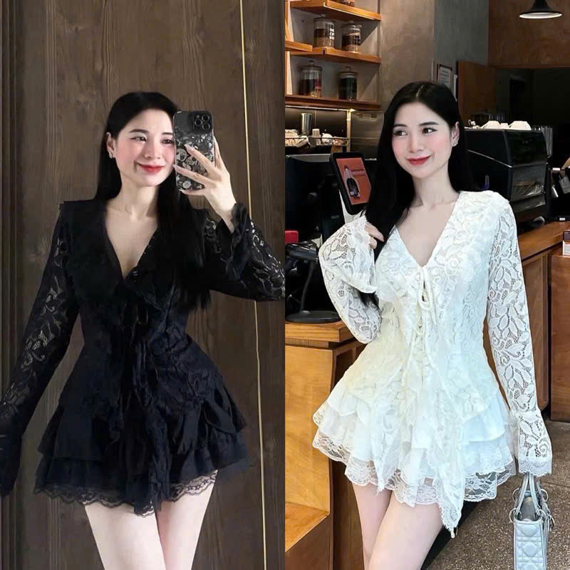 Set váy thiết kế vải len ren hoa 2 lớp cổ v chẻ sâu vạt nhọn thắt nơ tay loe chân váy lưng chun xoè tầng