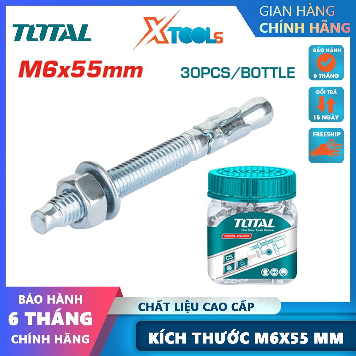 Bộ 30 neo bắt ốc hình nêm m6x55mm total